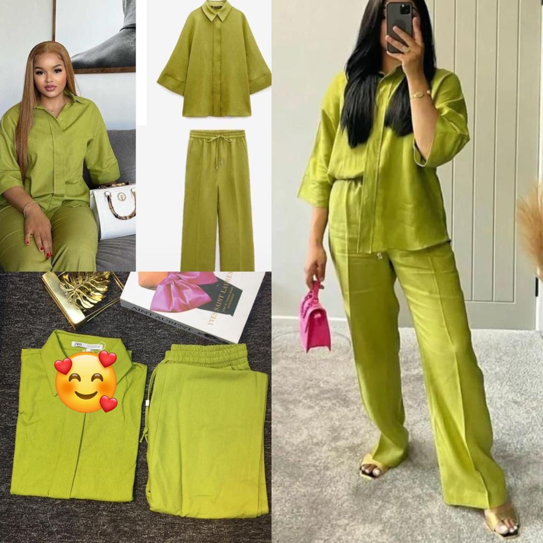 Elegant Green Relaxed 2-Piece Set – Shirt & Pants