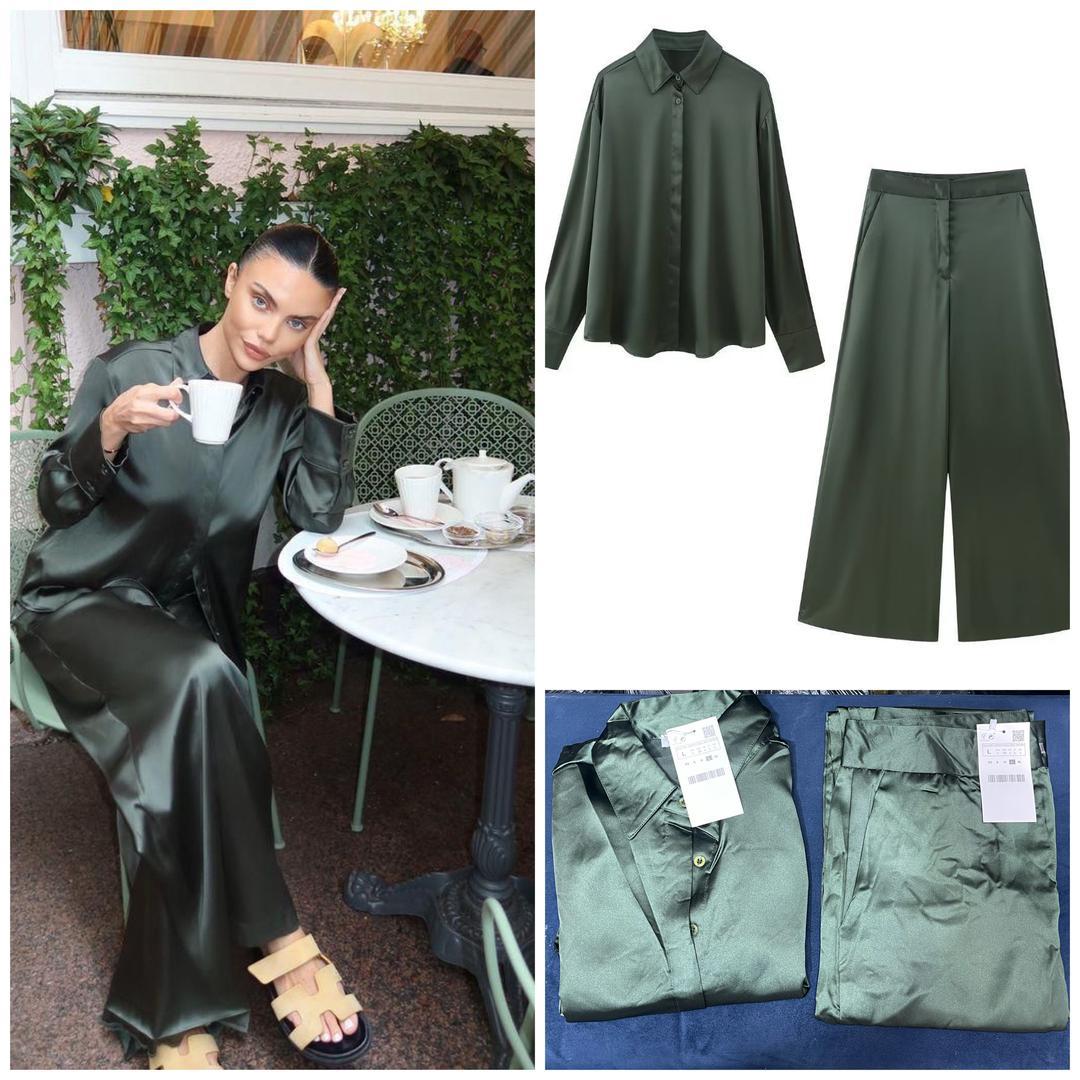Luxury Satin Green 2-Piece Set – Shirt & Wide-Leg Pants