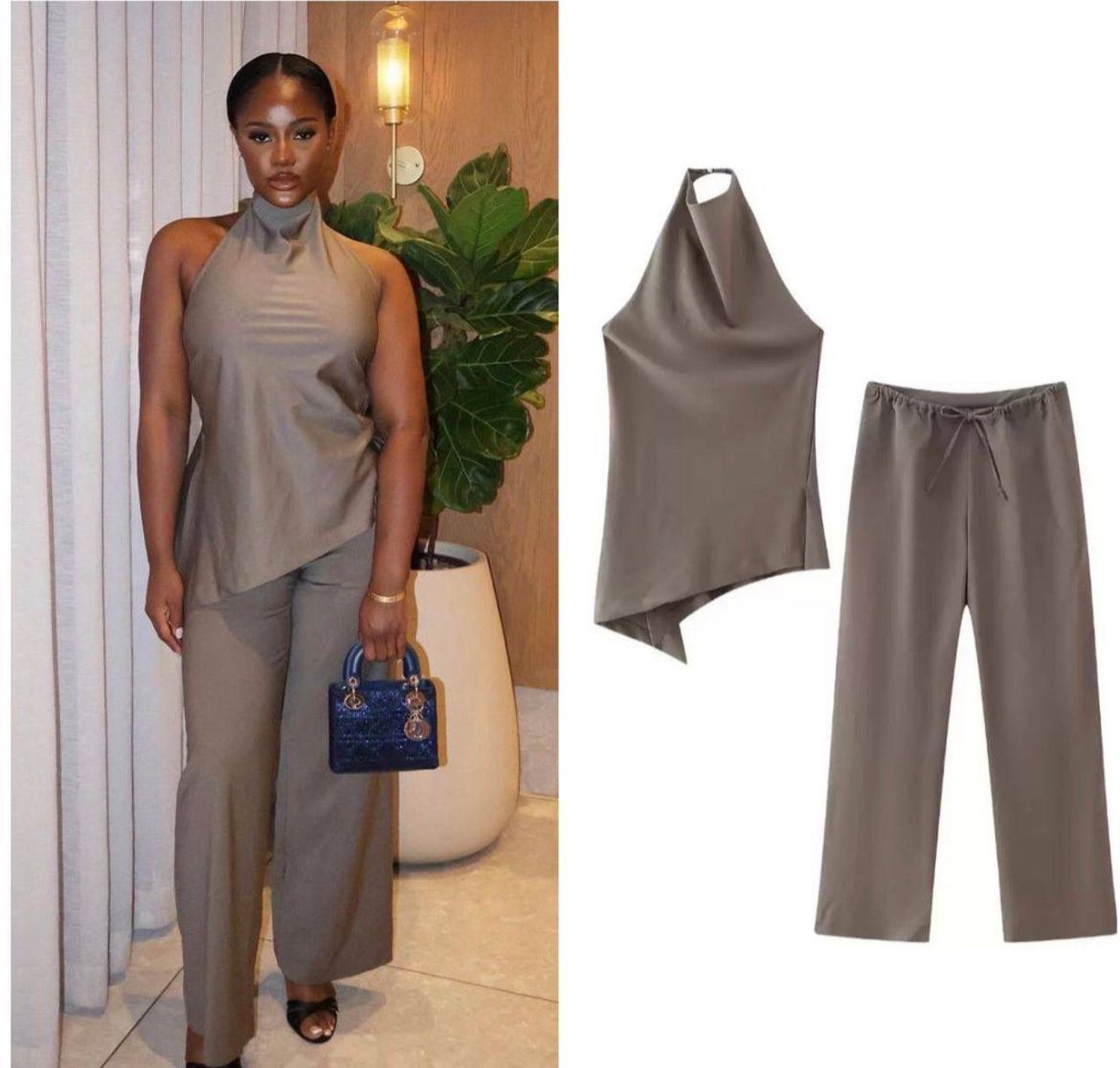 Asymmetric Halter Top & Wide-Leg Pants 2-Piece Set – Chic Minimalist Style