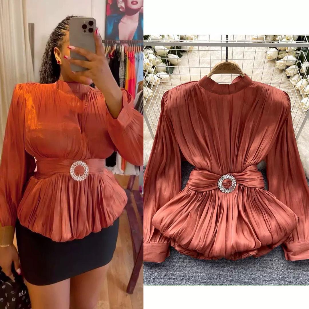 Elegant Pleated Peplum Top – Rust Orange