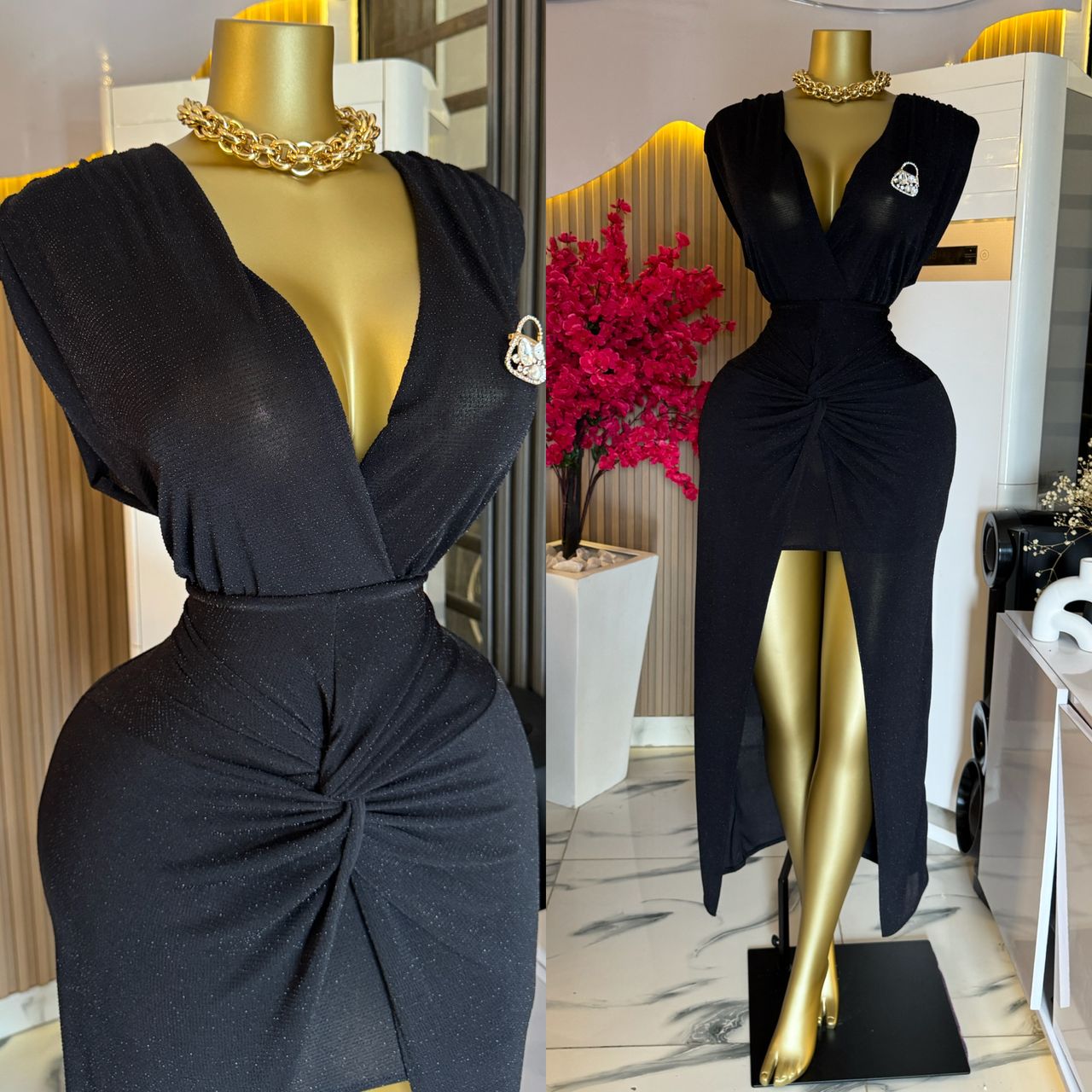 Luxury Black Shimmer High-Slit Evening Dress – Turkey Import