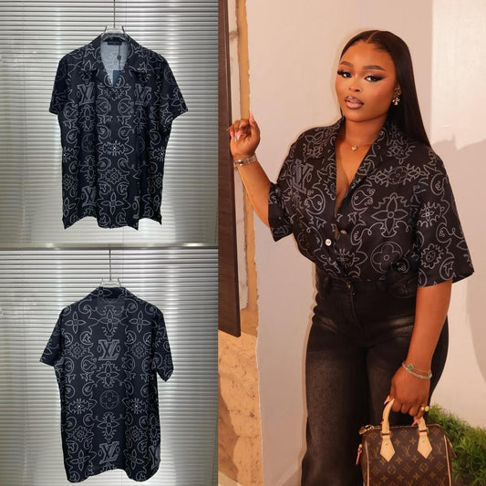 Black Designer Print Short-Sleeve Shirt
