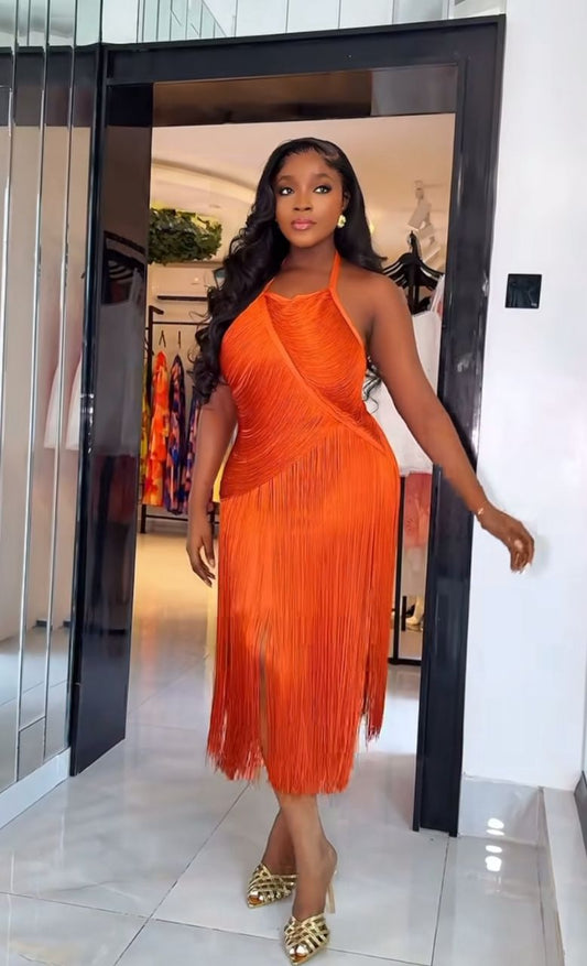 Luxury Orange Fringe Bandage Evening Dress