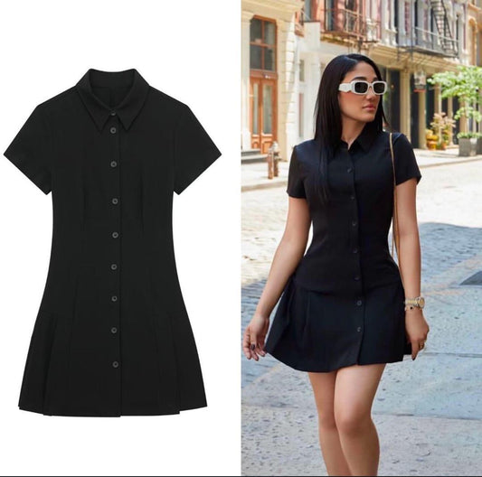 Classic Black Button-Down Mini Shirt Dress