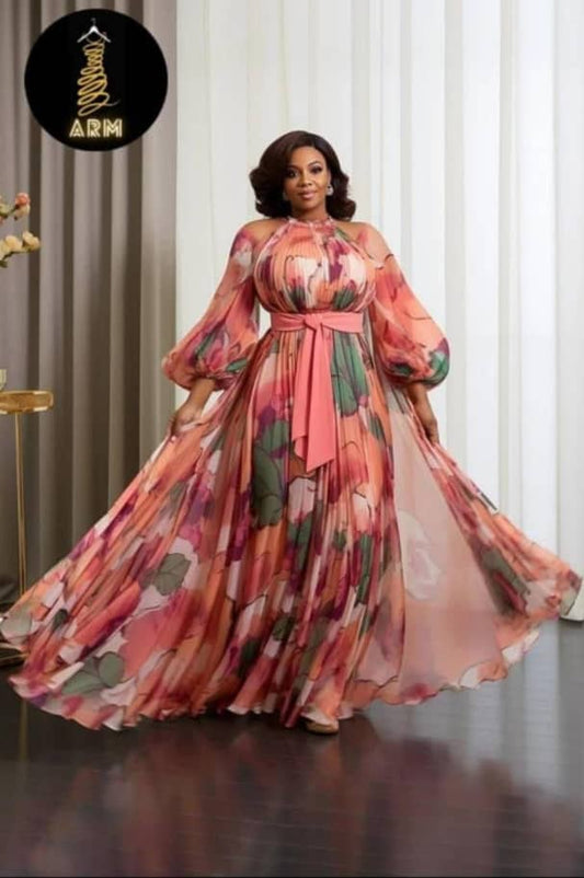 Luxury Floral Chiffon Pleated Maxi Dress
