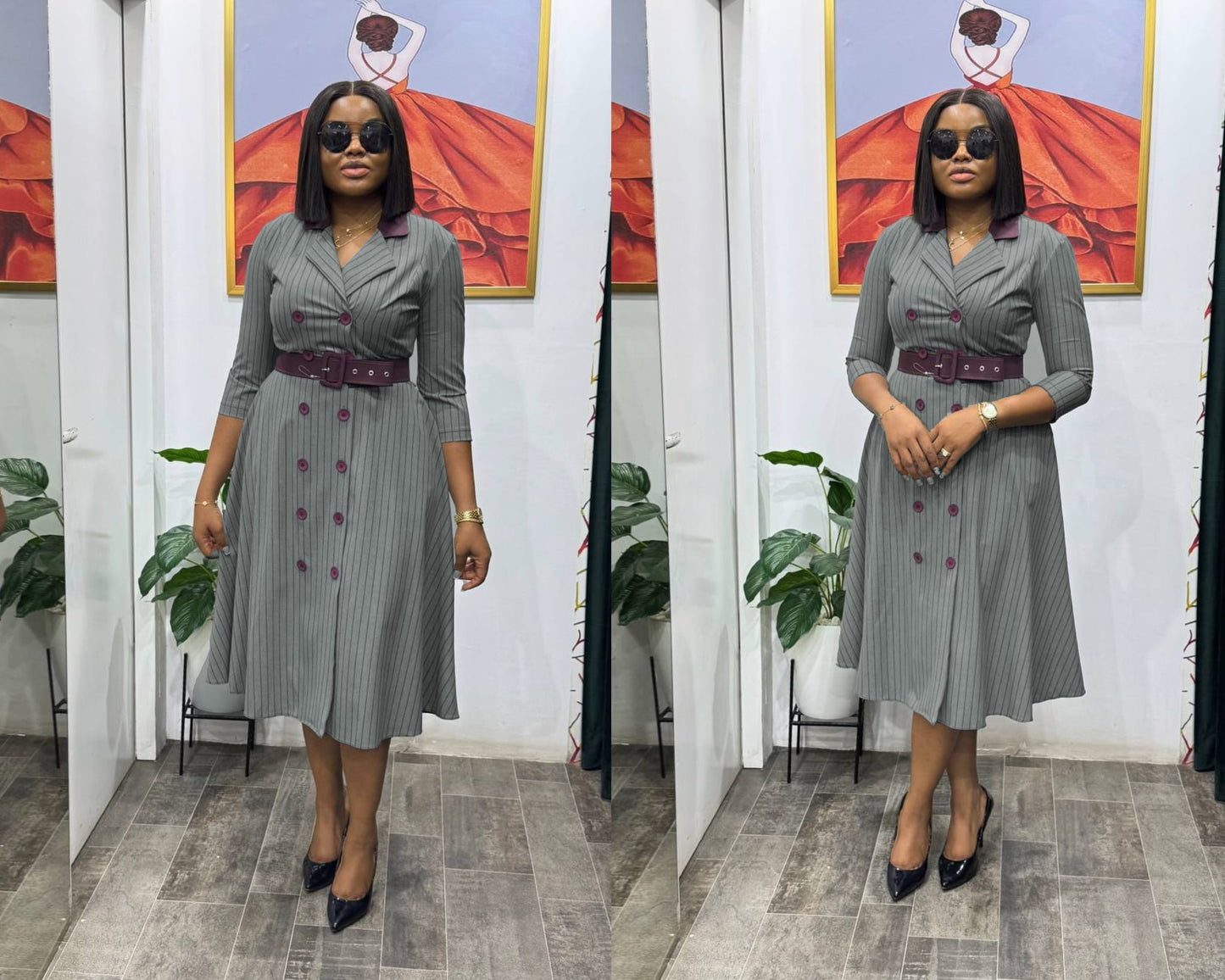 Elegant Pinstripe Double-Breasted Midi Dress with Belt