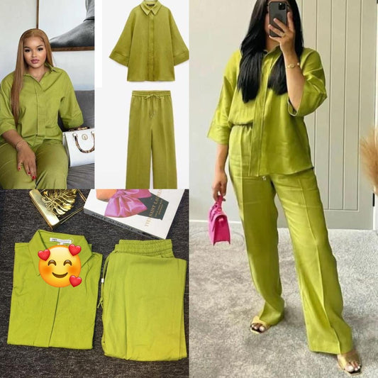Elegant Green Relaxed 2-Piece Set – Shirt &amp; Pants