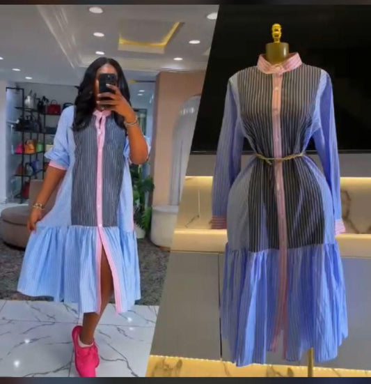 Colorblock Stripe Button-Down Midi Shirt Dress