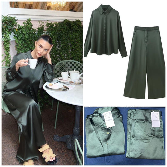 Luxury Satin Green 2-Piece Set – Shirt &amp; Wide-Leg Pants