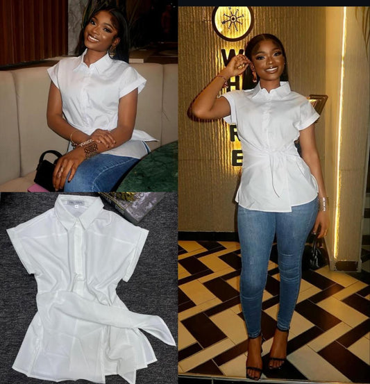 Sleek White Cap-Sleeve Wrap Shirt
