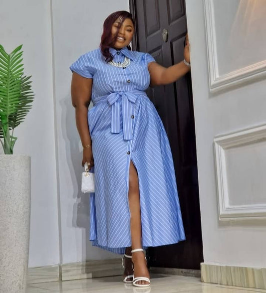 Blue Pinstripe Button-Down Maxi Dress with Belt