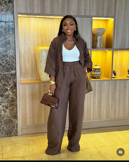 Chic Brown 2-Piece Set – Button-Down Shirt &amp; Wide-Leg Pants