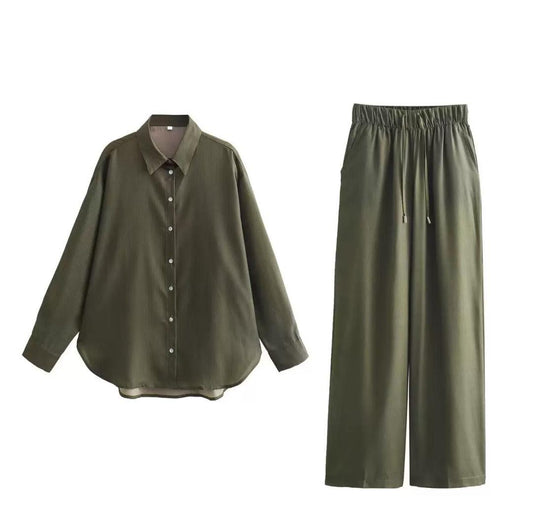 Olive Green 2-Piece Set – Button-Down Shirt &amp; Drawstring Pants