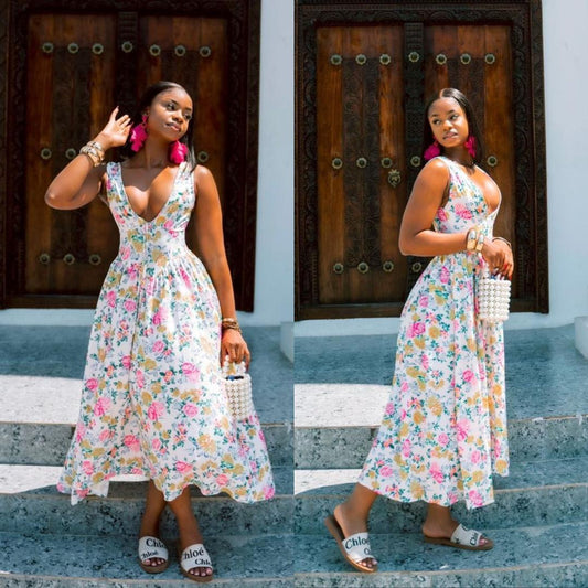 Floral Deep V-Neck Sleeveless Midi Dress