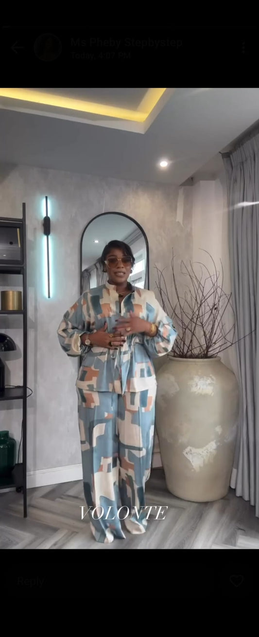 Abstract Print Co-Ord Set – Button-Up Top &amp; Wide-Leg Pants (2-Piece)
