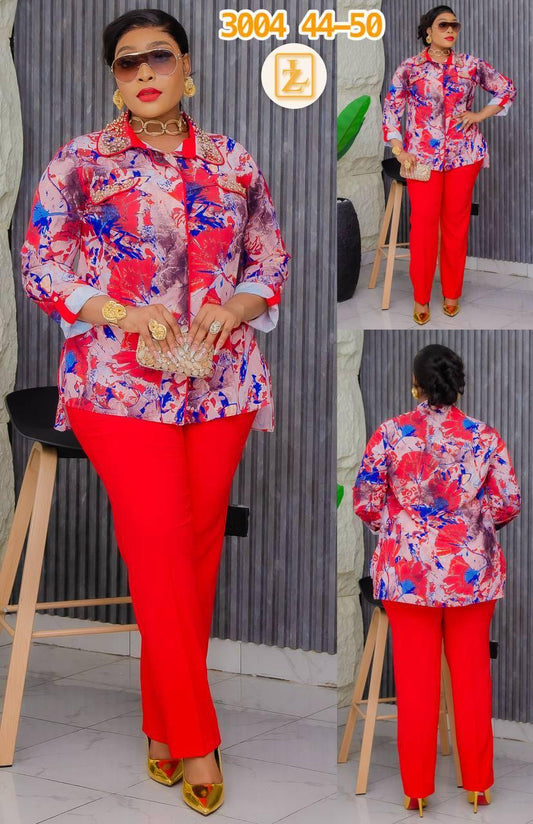 Red Power 2-Piece Set – Abstract Print Button-Up Top &amp; Solid Pants