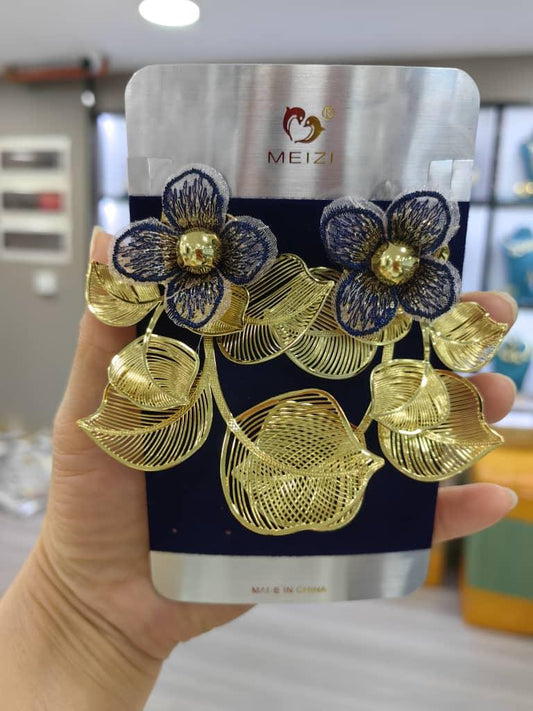 Floral Gold &amp; Navy Statement Earrings