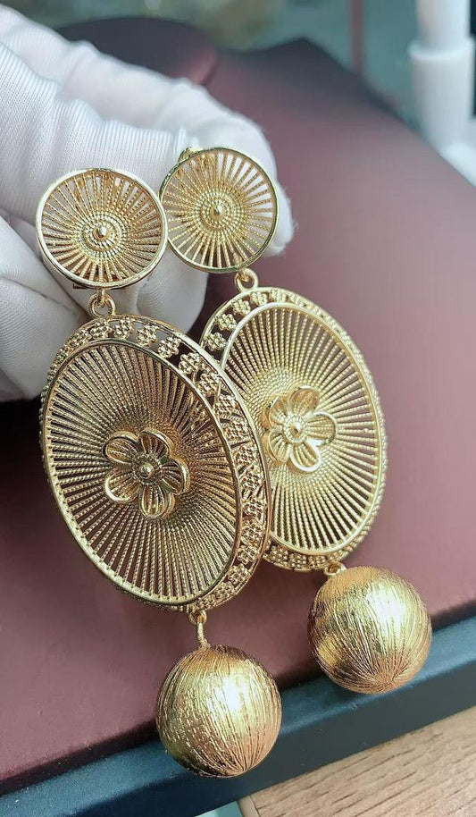 Floral Oval Drop Gold Statement Earrings