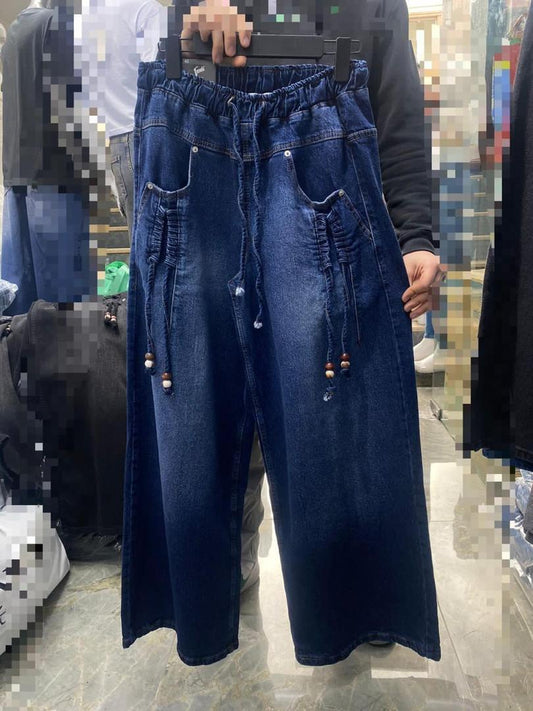 Women’s Wide-Leg Denim Trousers with Elastic Waist and Beaded Drawstrings